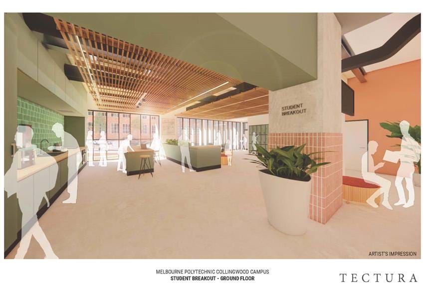 Artist impression of future student breakout area at the Collingwood Campus