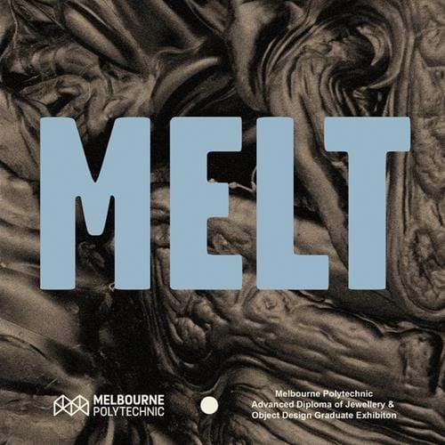 Grayscale oil slick textured background with the word melt overlaid in big blue letters